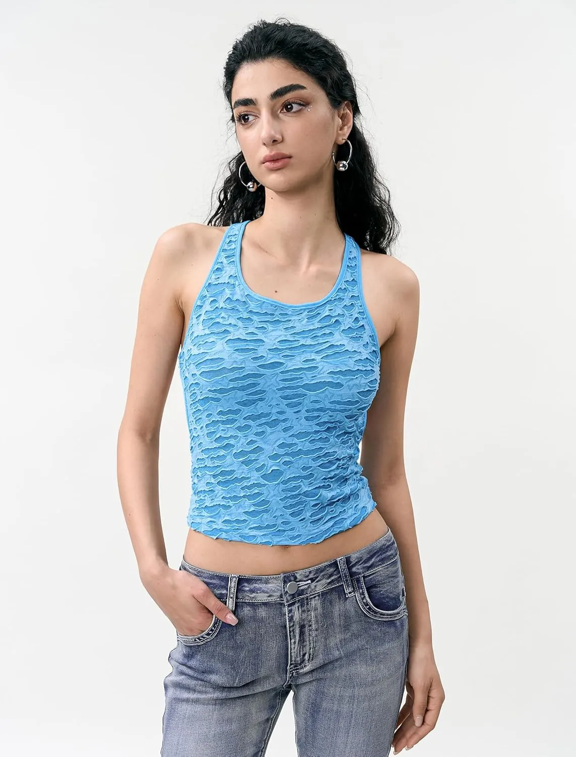 Women's Black Lace Crop Tank Top Sexy Racerback Sleeveless Shirt for Casual Streetwear and Party Outfits