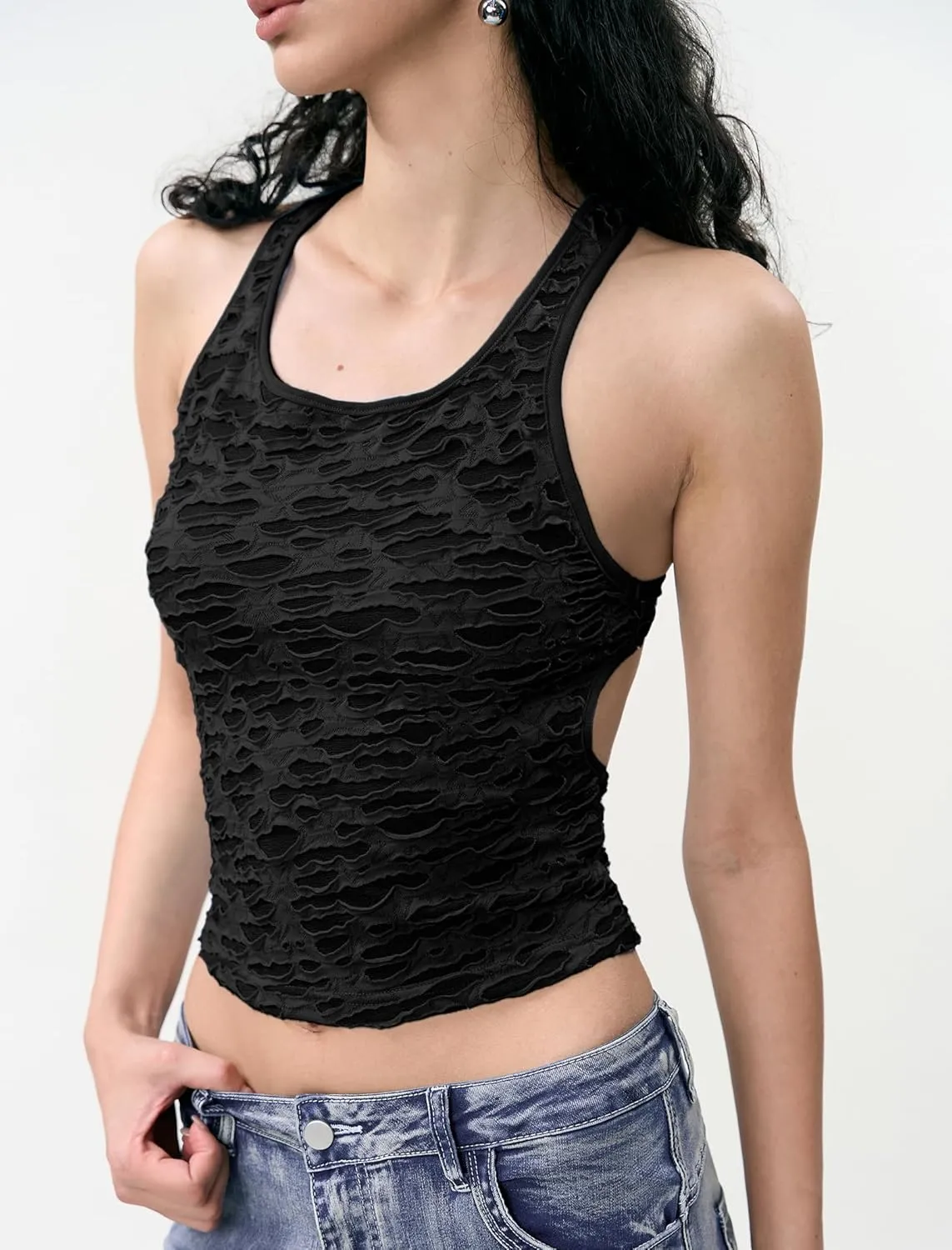 Women's Black Lace Crop Tank Top Sexy Racerback Sleeveless Shirt for Casual Streetwear and Party Outfits