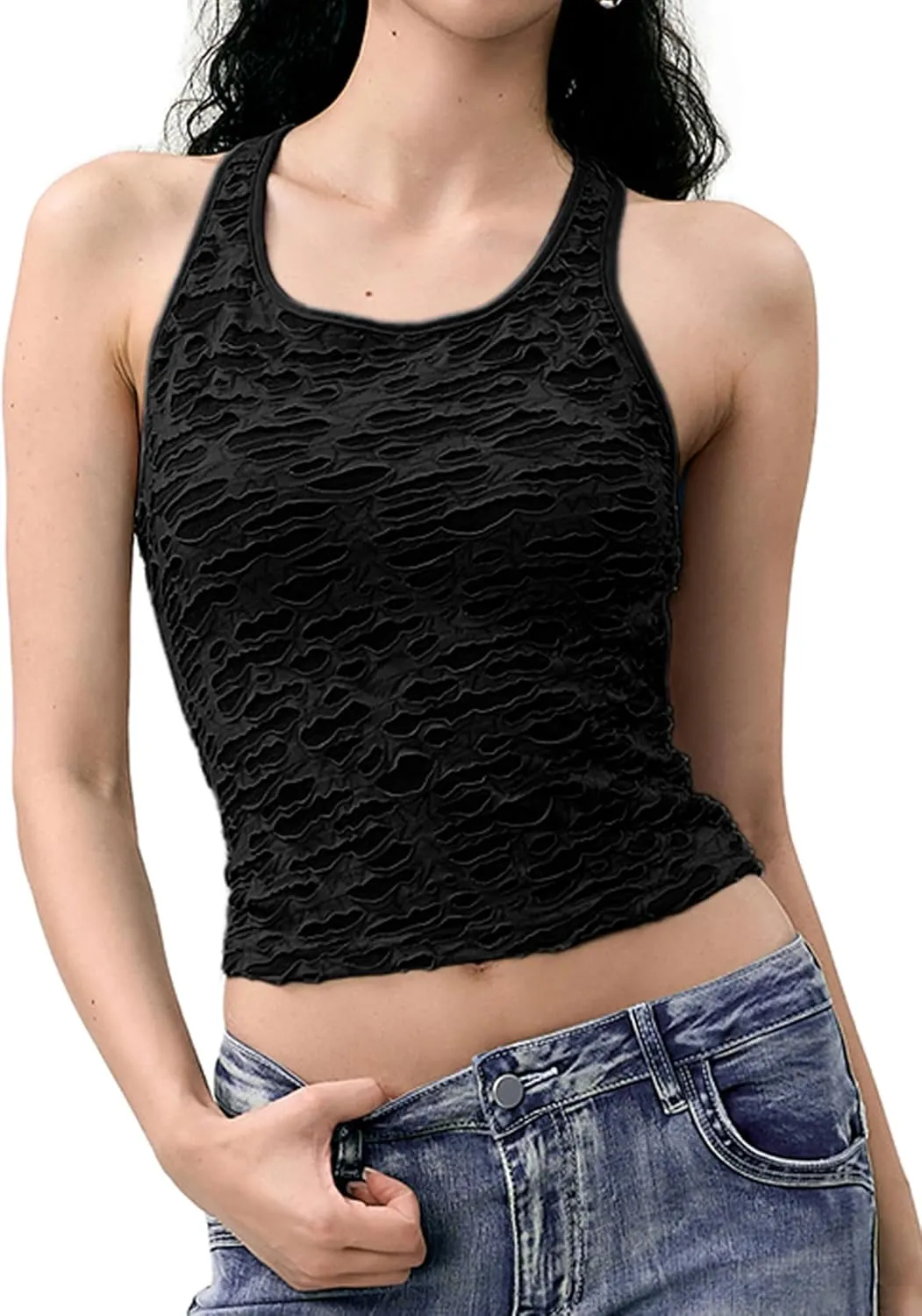 Women's Black Lace Crop Tank Top Sexy Racerback Sleeveless Shirt for Casual Streetwear and Party Outfits