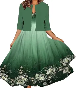 Womens Boho Floral Maxi Dress with Cardigan 2 Piece Set Sleeveless Tank Dress Cropped Jacket Flowy Wedding Guest Dress