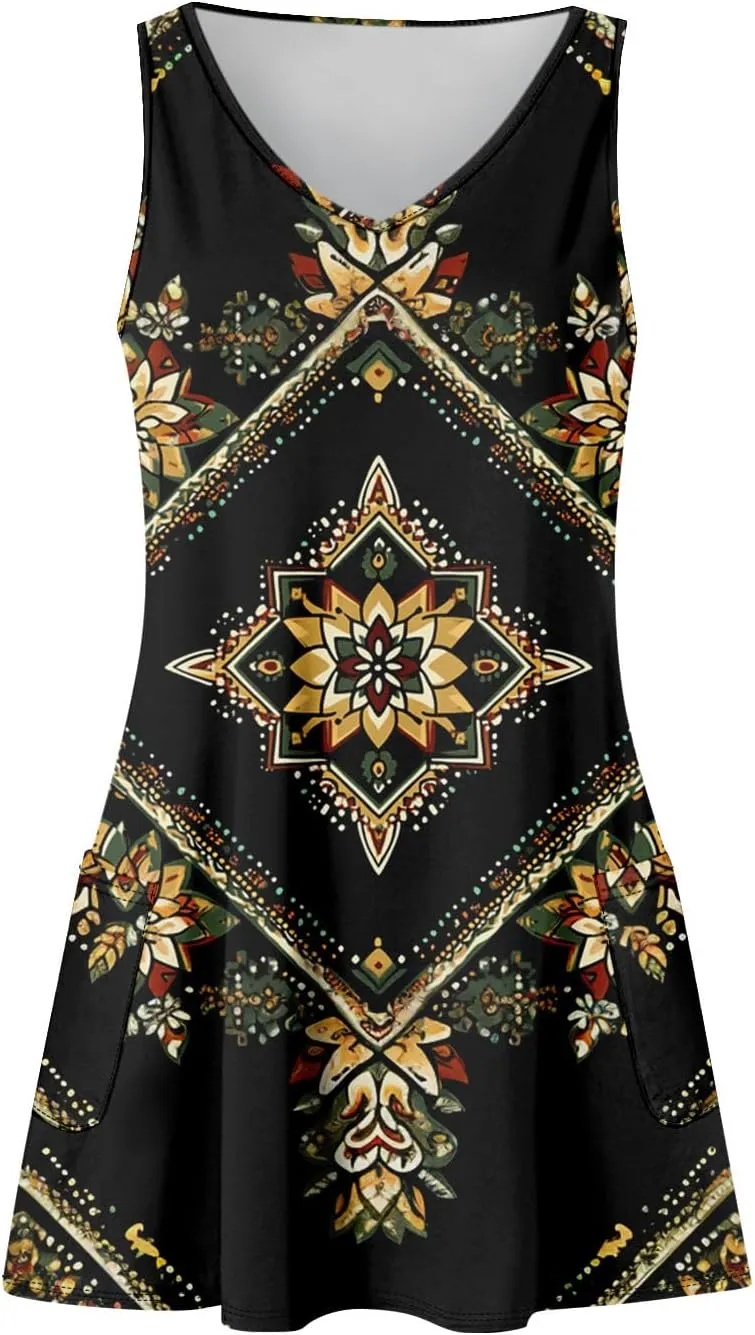 Womens Boho Printed Print Retro V Neck Sundresses Summer Beach Floral Vacation Sleeveless Tunic Dresses