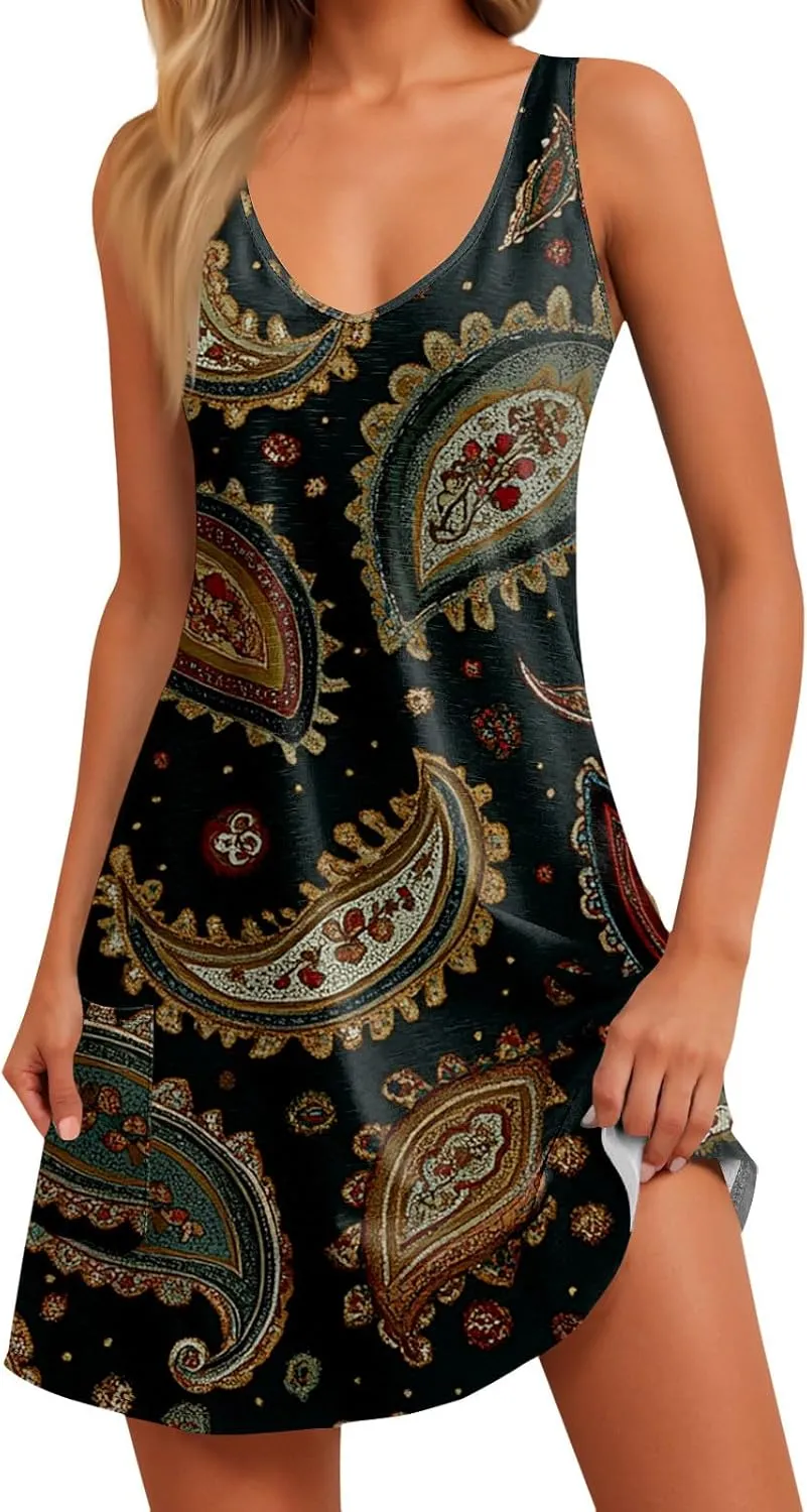 Womens Boho Printed Print Retro V Neck Sundresses Summer Beach Floral Vacation Sleeveless Tunic Dresses