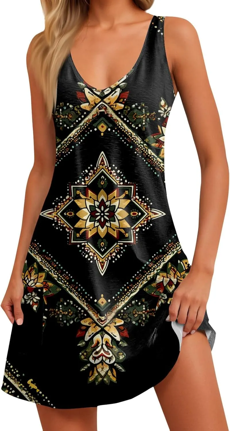 Womens Boho Printed Print Retro V Neck Sundresses Summer Beach Floral Vacation Sleeveless Tunic Dresses
