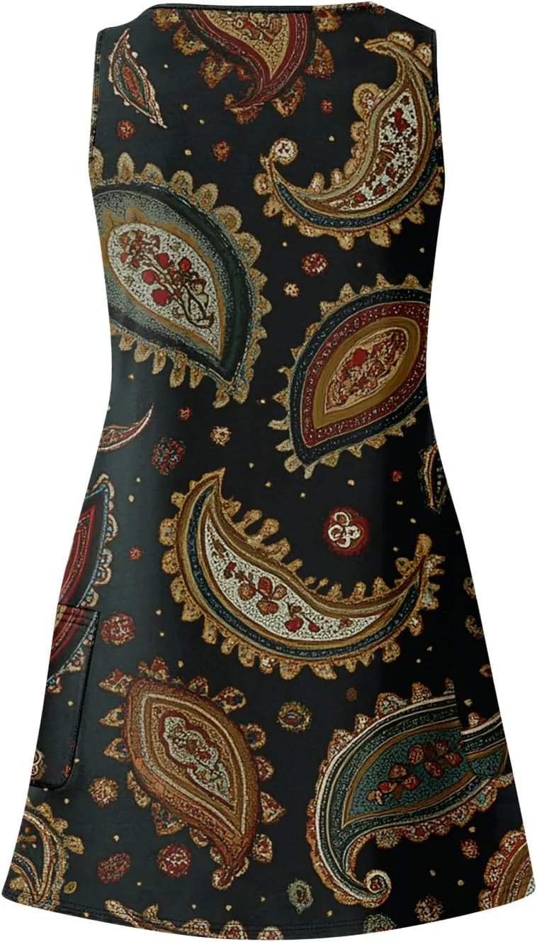 Womens Boho Printed Print Retro V Neck Sundresses Summer Beach Floral Vacation Sleeveless Tunic Dresses