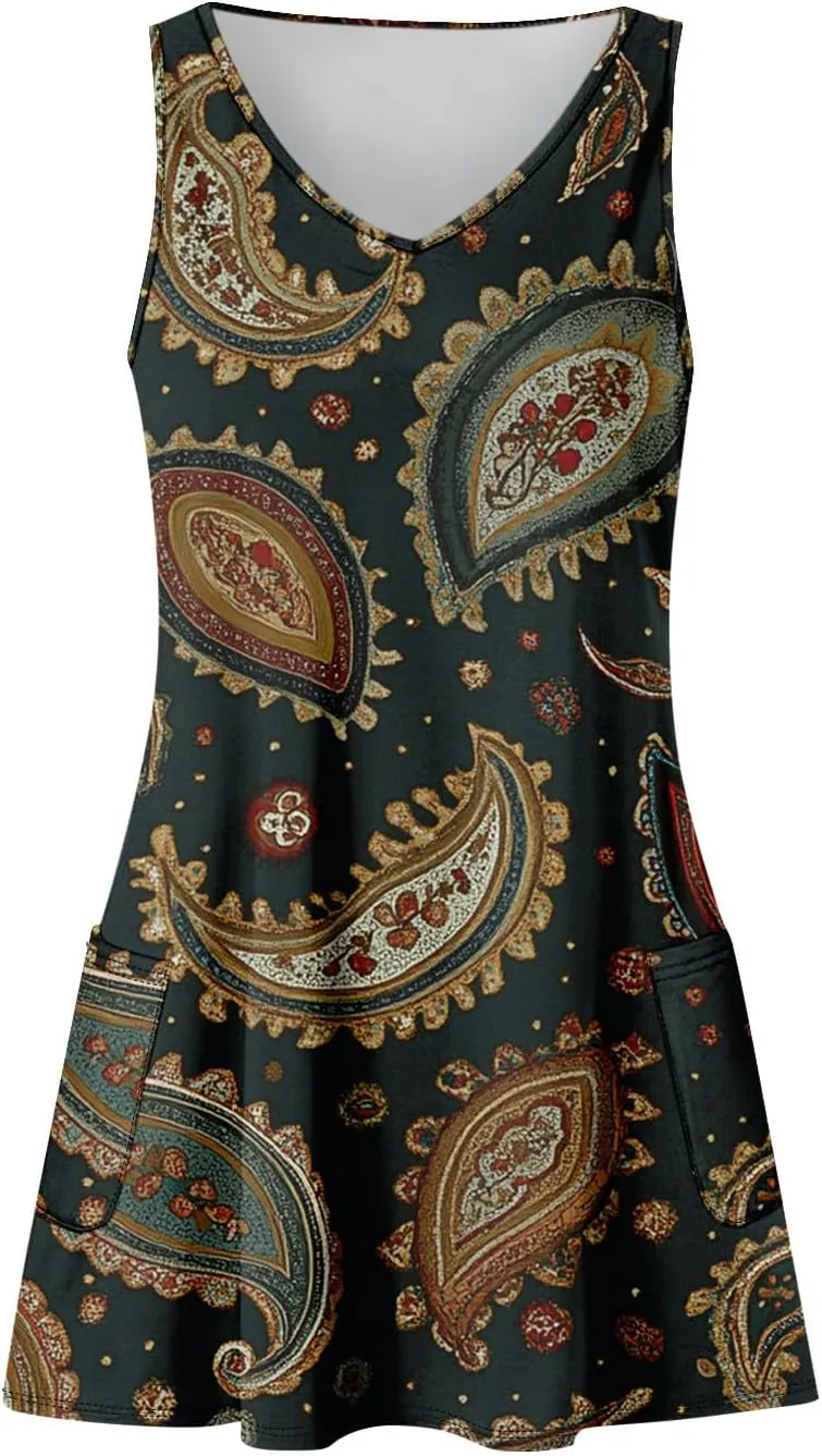 Womens Boho Printed Print Retro V Neck Sundresses Summer Beach Floral Vacation Sleeveless Tunic Dresses