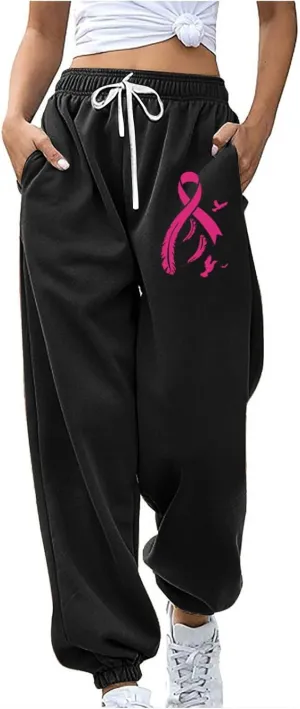 Womens Breast Cancer Awareness Sweatpants Pink Ribbon Print High Wasited Trousers Baggy Workout Active Jogger Pants