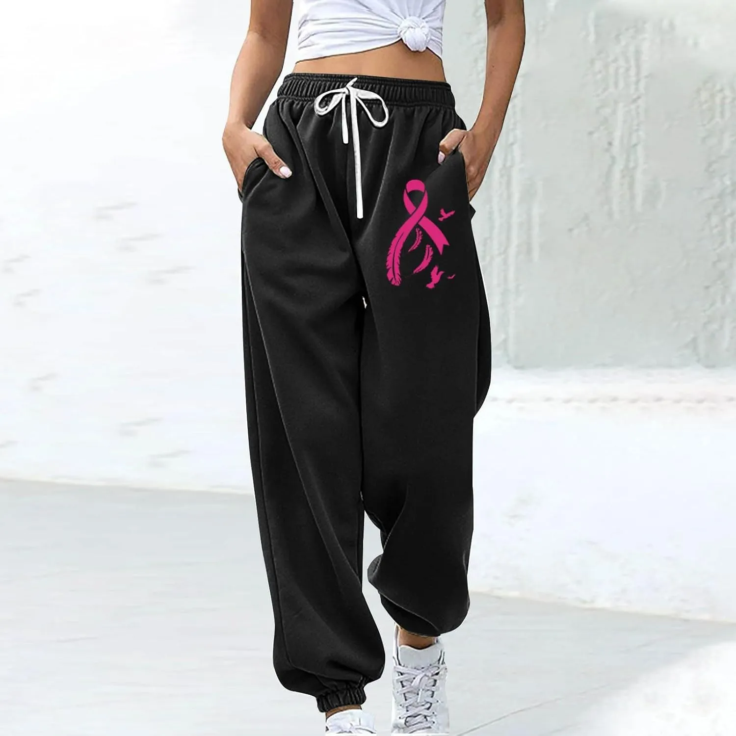 Womens Breast Cancer Awareness Sweatpants Pink Ribbon Print High Wasited Trousers Baggy Workout Active Jogger Pants