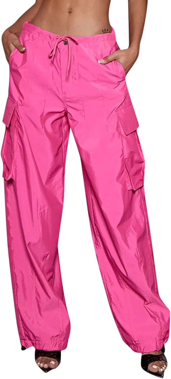 Women's Casual Clothes Loose Pants Relaxed Fit Baggy Pants With Pockets High Waist Zipper Slim Drawstring (Hot Pink, S)