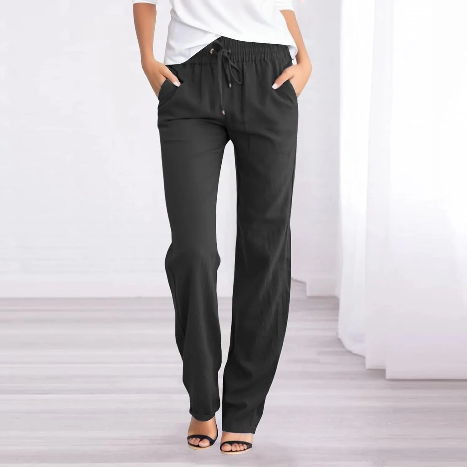 Womens Casual Cotton Linen Pants Lightweight Summer Elastic High Waist Palazzo Pant Plus Size Beach Flowy Long Trousers