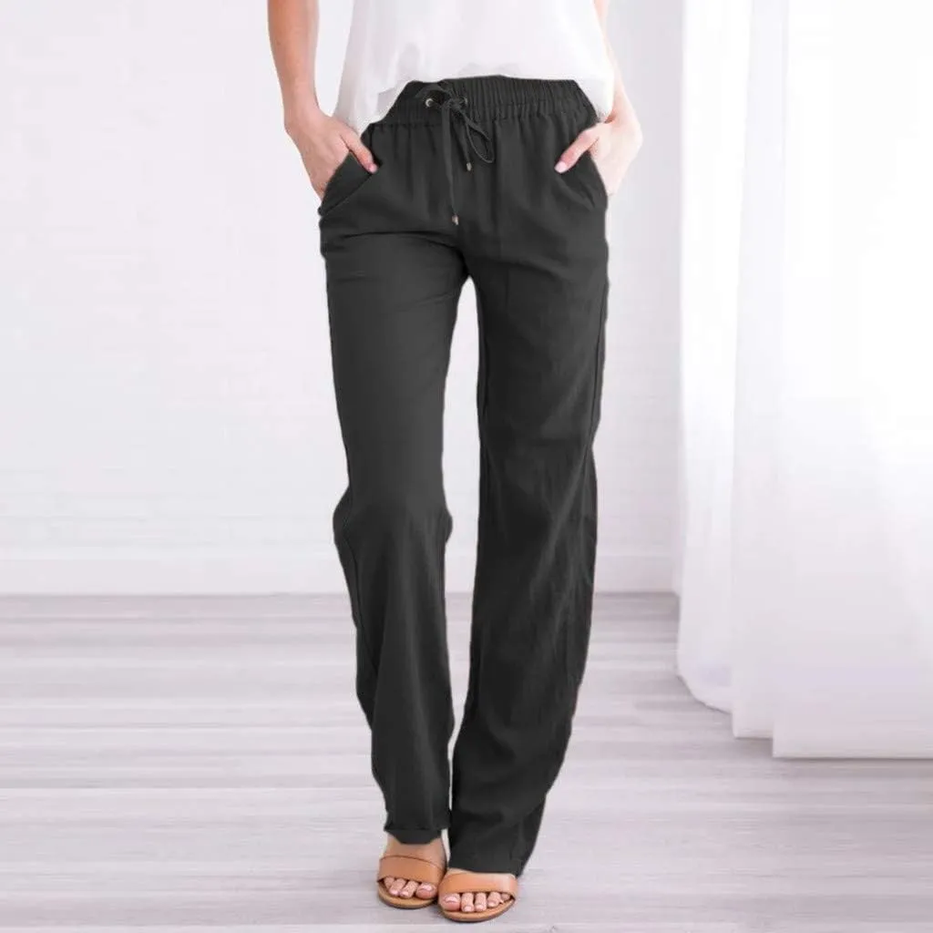 Womens Casual Cotton Pants Straight Leg Drawstring Elastic High Waist Loose Comfy Trousers Summer Outfits with