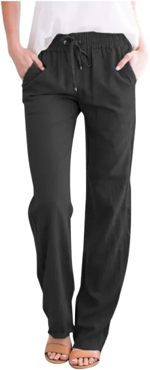 Womens Casual Cotton Pants Straight Leg Drawstring Elastic High Waist Loose Comfy Trousers Summer Outfits with