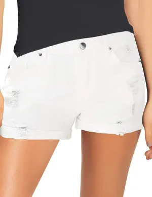Women's Casual Denim Shorts Summer Mid Waist Stretchy Raw Frayed Folded Hem Jeans