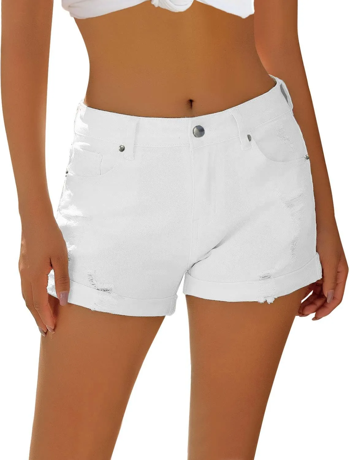 Women's Casual Denim Shorts Summer Mid Waist Stretchy Raw Frayed Folded Hem Jeans