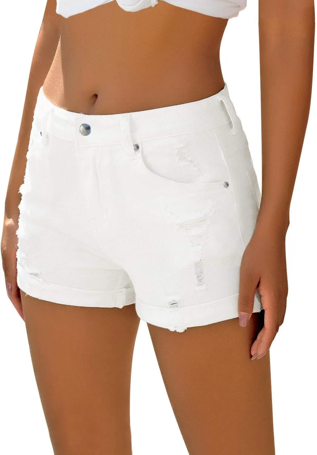 Women's Casual Denim Shorts Summer Mid Waist Stretchy Raw Frayed Folded Hem Jeans
