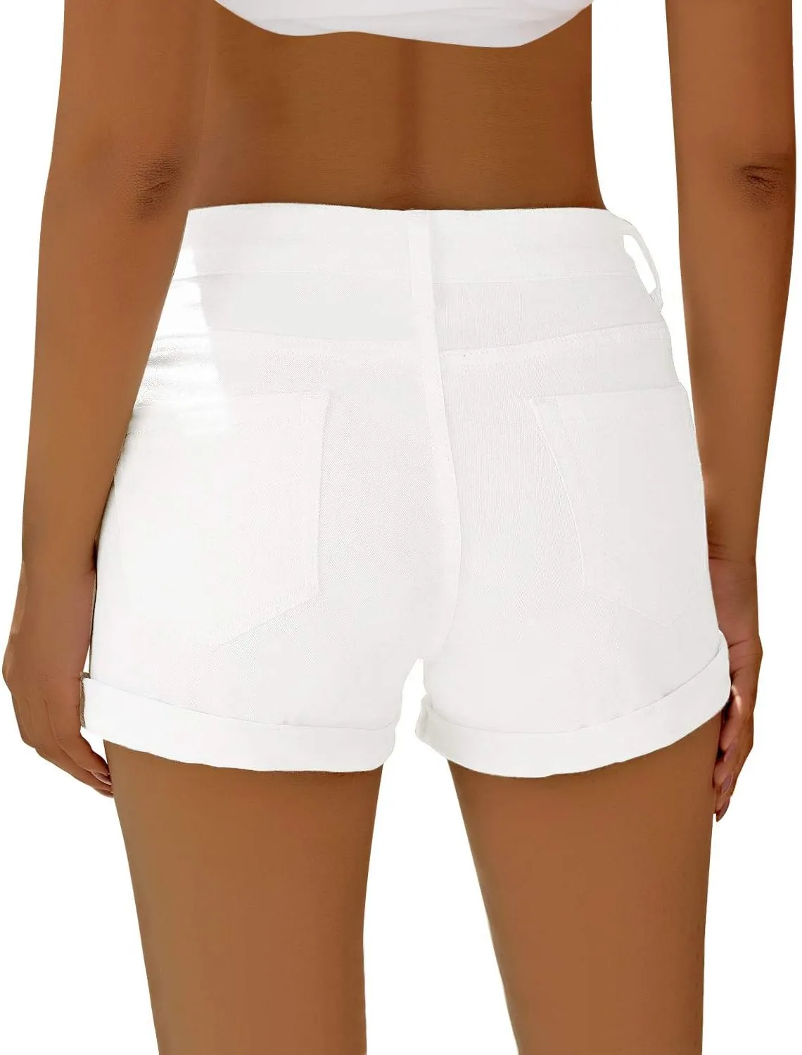 Women's Casual Denim Shorts Summer Mid Waist Stretchy Raw Frayed Folded Hem Jeans