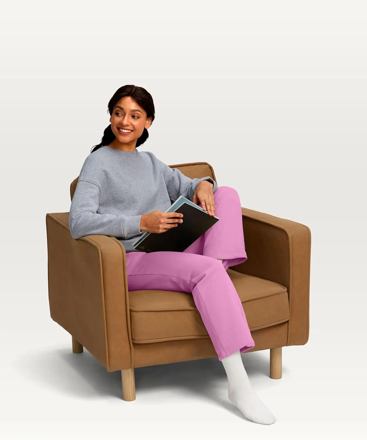 Women's Cotton Fleece Lined Straight leg Sweatpants with 3 Pocket 29" High Waisted Warm Sweatpants for Women