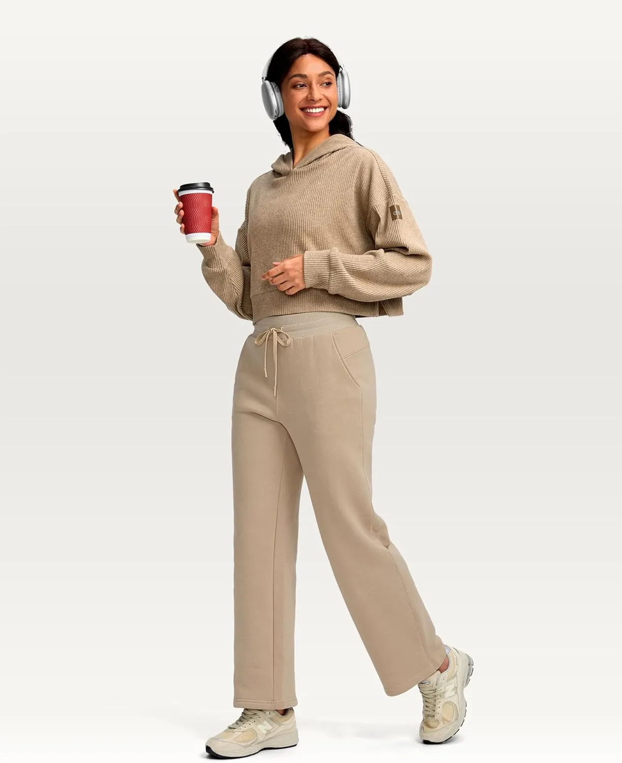 Women's Cotton Fleece Lined Straight leg Sweatpants with 3 Pocket 29" High Waisted Warm Sweatpants for Women