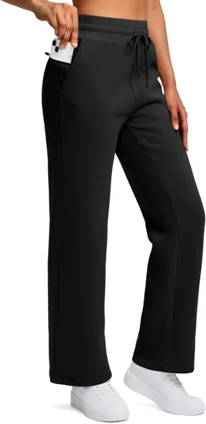 Women's Cotton Fleece Lined Straight leg Sweatpants with 3 Pocket 29" High Waisted Warm Sweatpants for Women