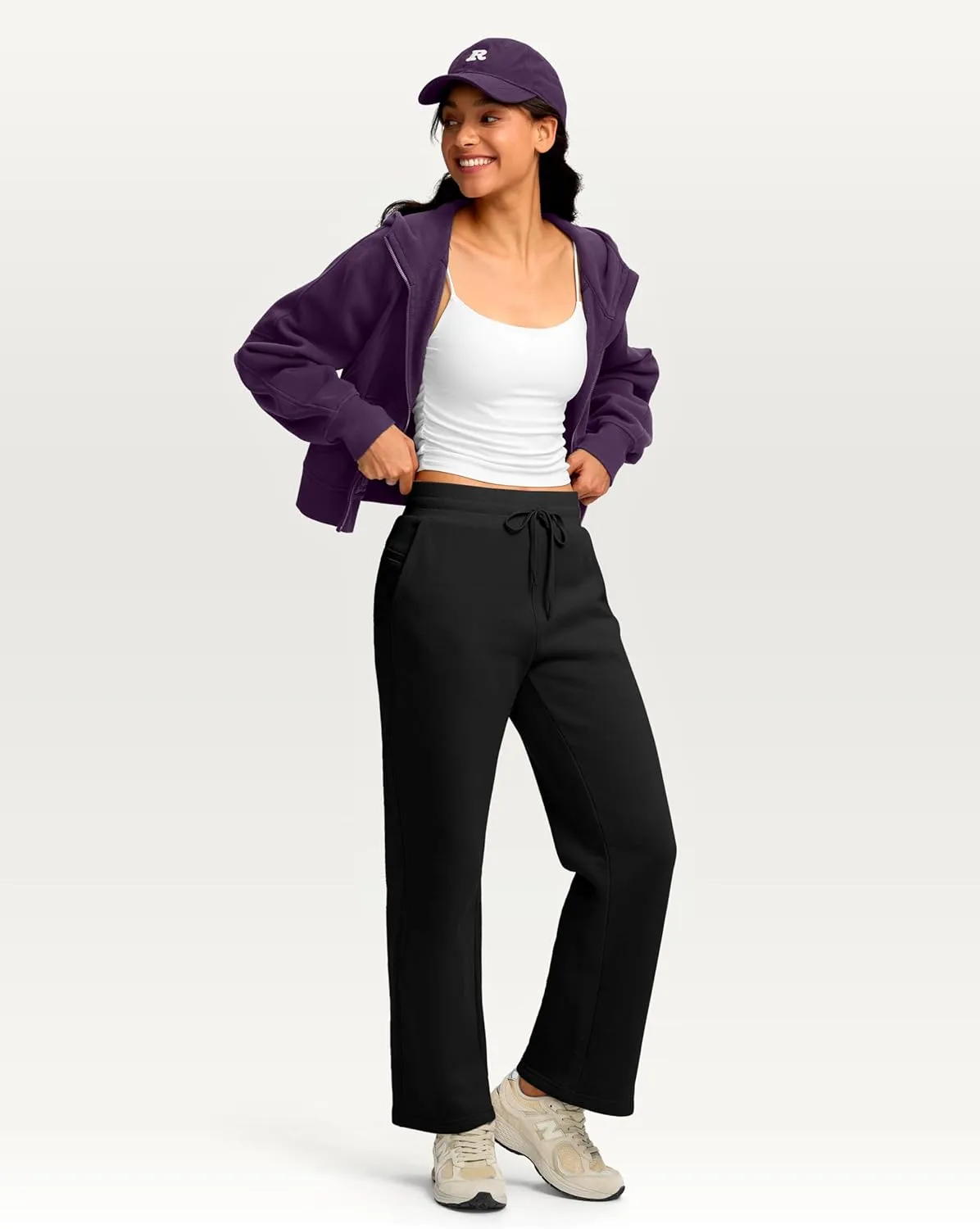 Women's Cotton Fleece Lined Straight leg Sweatpants with 3 Pocket 29" High Waisted Warm Sweatpants for Women