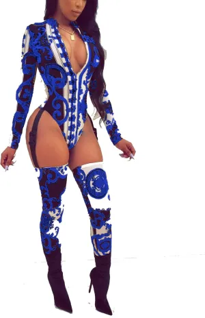 Women's Deep V Neck Long Sleeve Gold Printed Hollow Out Bodycon Jumpsuits Romper Clubwear