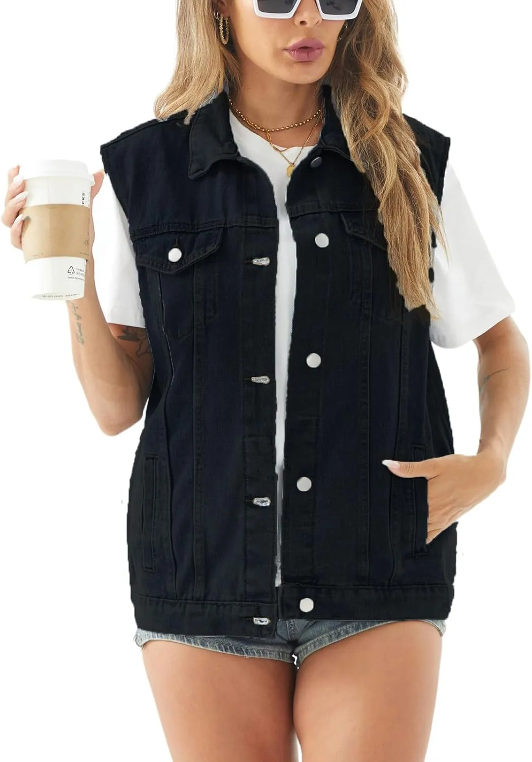 Women's Denim Vest Casual Button Down Sleeveless Jean Jacket