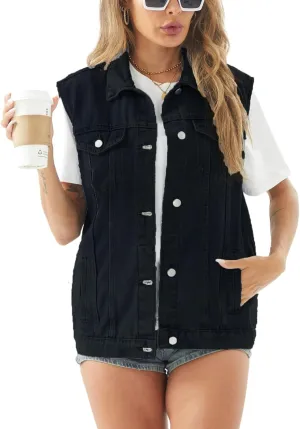 Women's Denim Vest Casual Button Down Sleeveless Jean Jacket