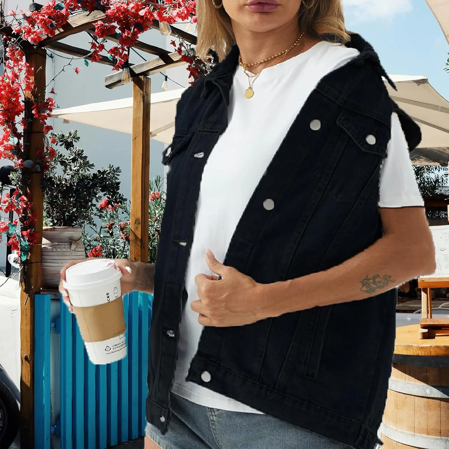 Women's Denim Vest Casual Button Down Sleeveless Jean Jacket