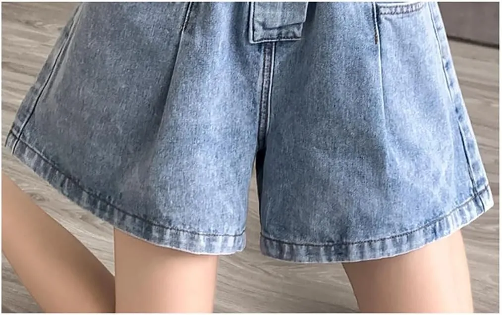 Women's Elastic High-Waisted Denim Shorts Loose Pants Skirt Casual A-Line Wide Leg Trouse