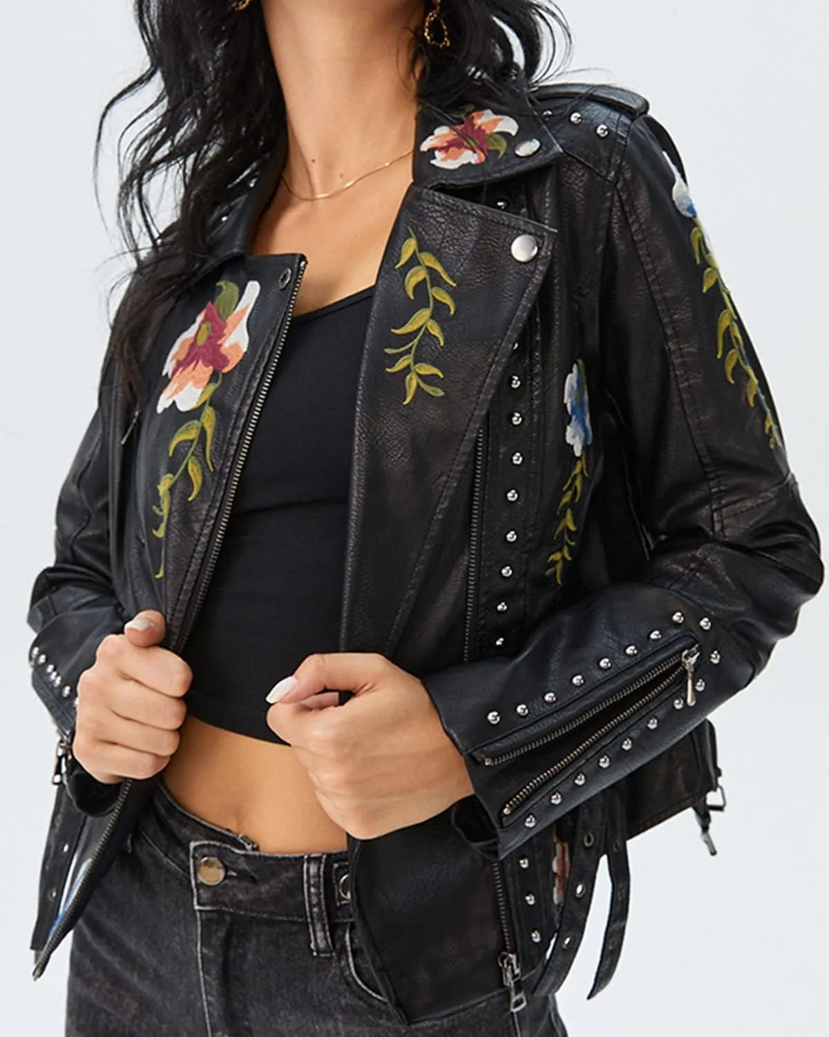Women's Embroidered Studded Faux Leather Jacket Moto Punk Jacket Floral Coat