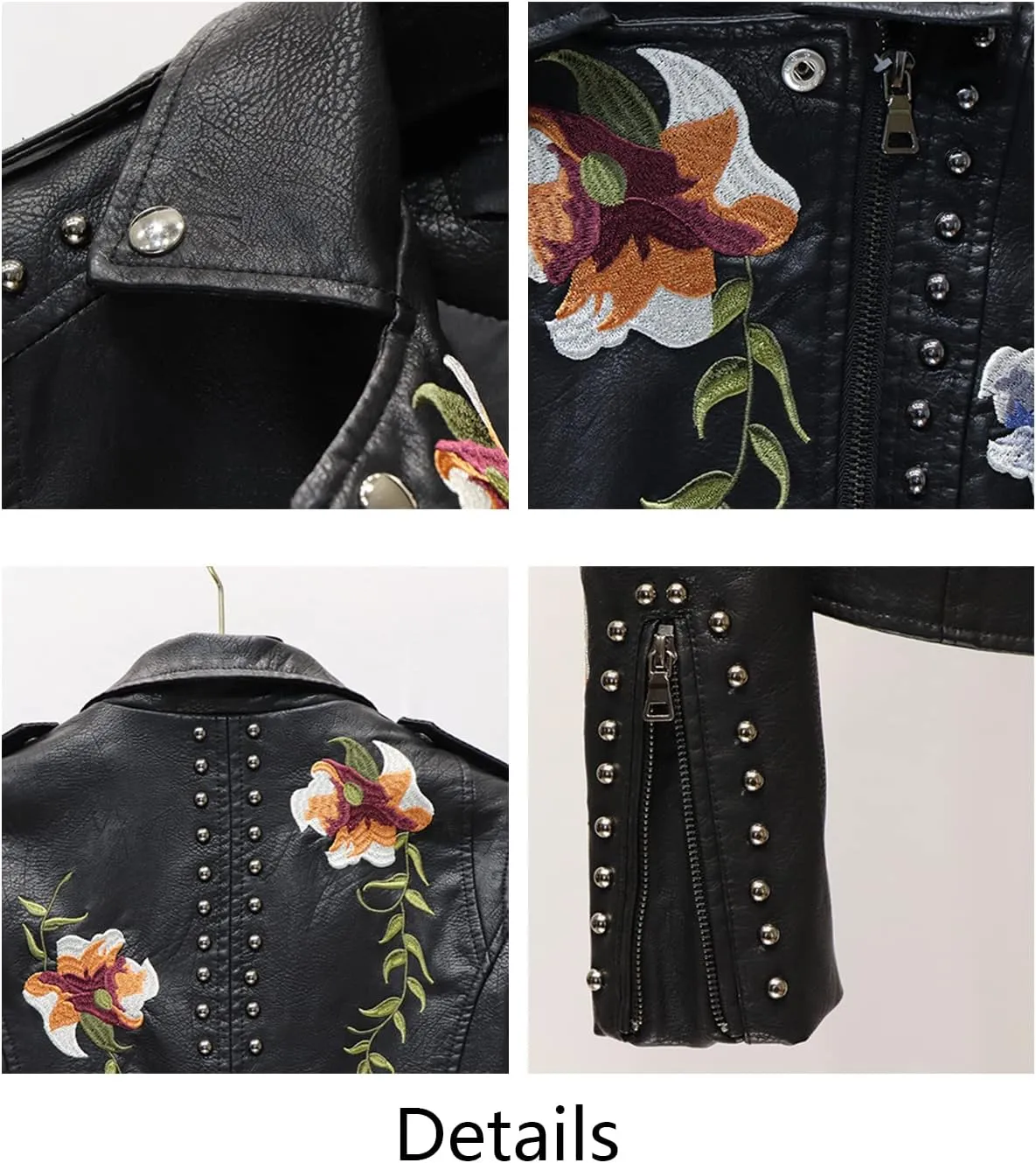 Women's Embroidered Studded Faux Leather Jacket Moto Punk Jacket Floral Coat