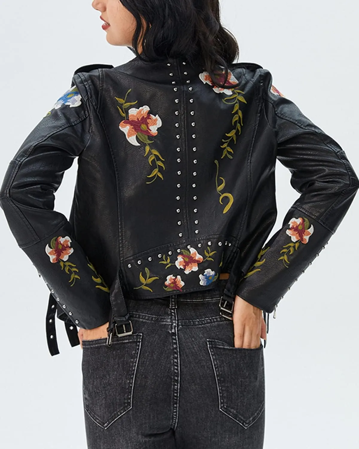 Women's Embroidered Studded Faux Leather Jacket Moto Punk Jacket Floral Coat
