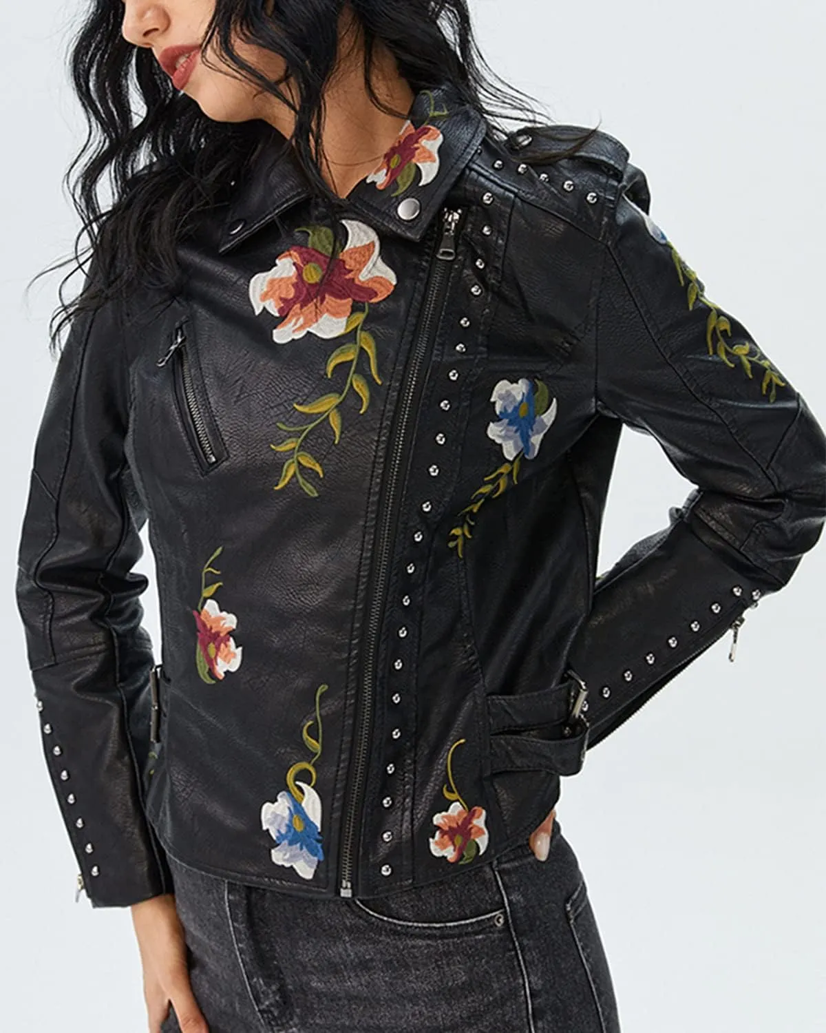 Women's Embroidered Studded Faux Leather Jacket Moto Punk Jacket Floral Coat