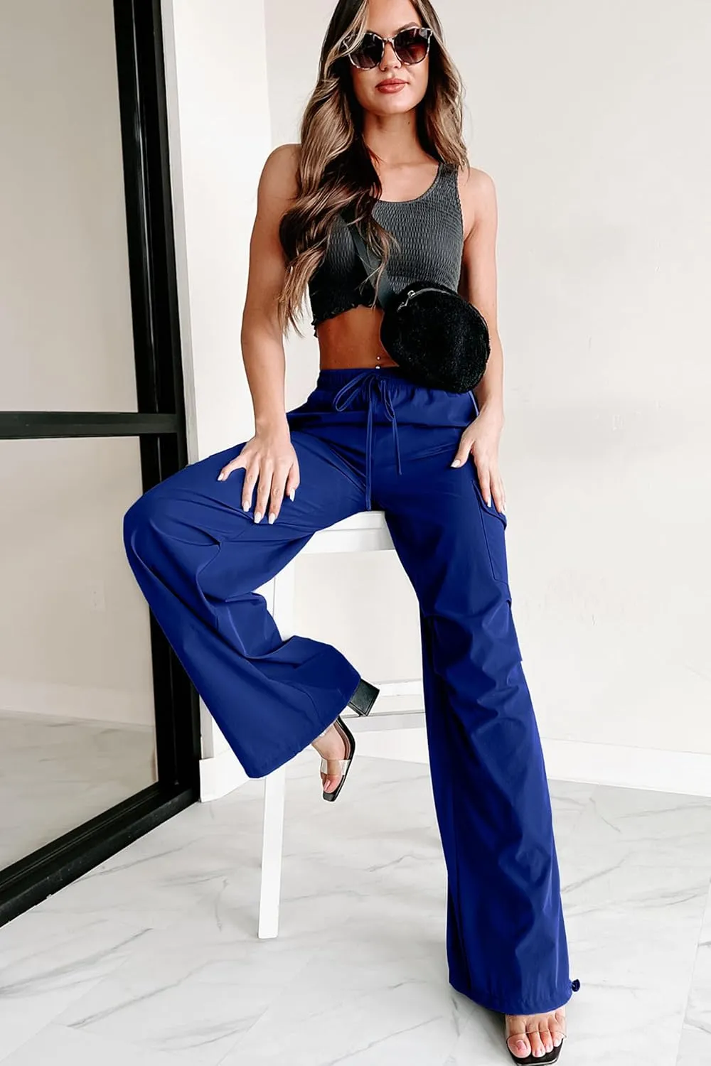 Women's Fashion Parachute Pants Y2K Baggy High Waisted Wide Leg Drawstring Cargo Pants with Pockets 2024