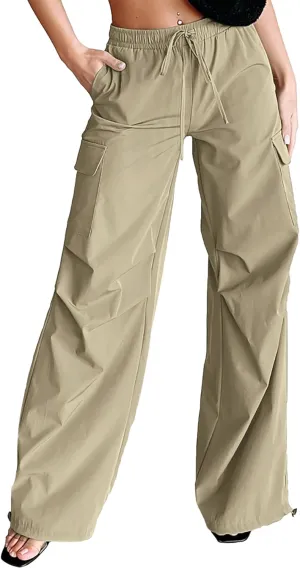 Women's Fashion Parachute Pants Y2K Baggy High Waisted Wide Leg Drawstring Cargo Pants with Pockets 2024