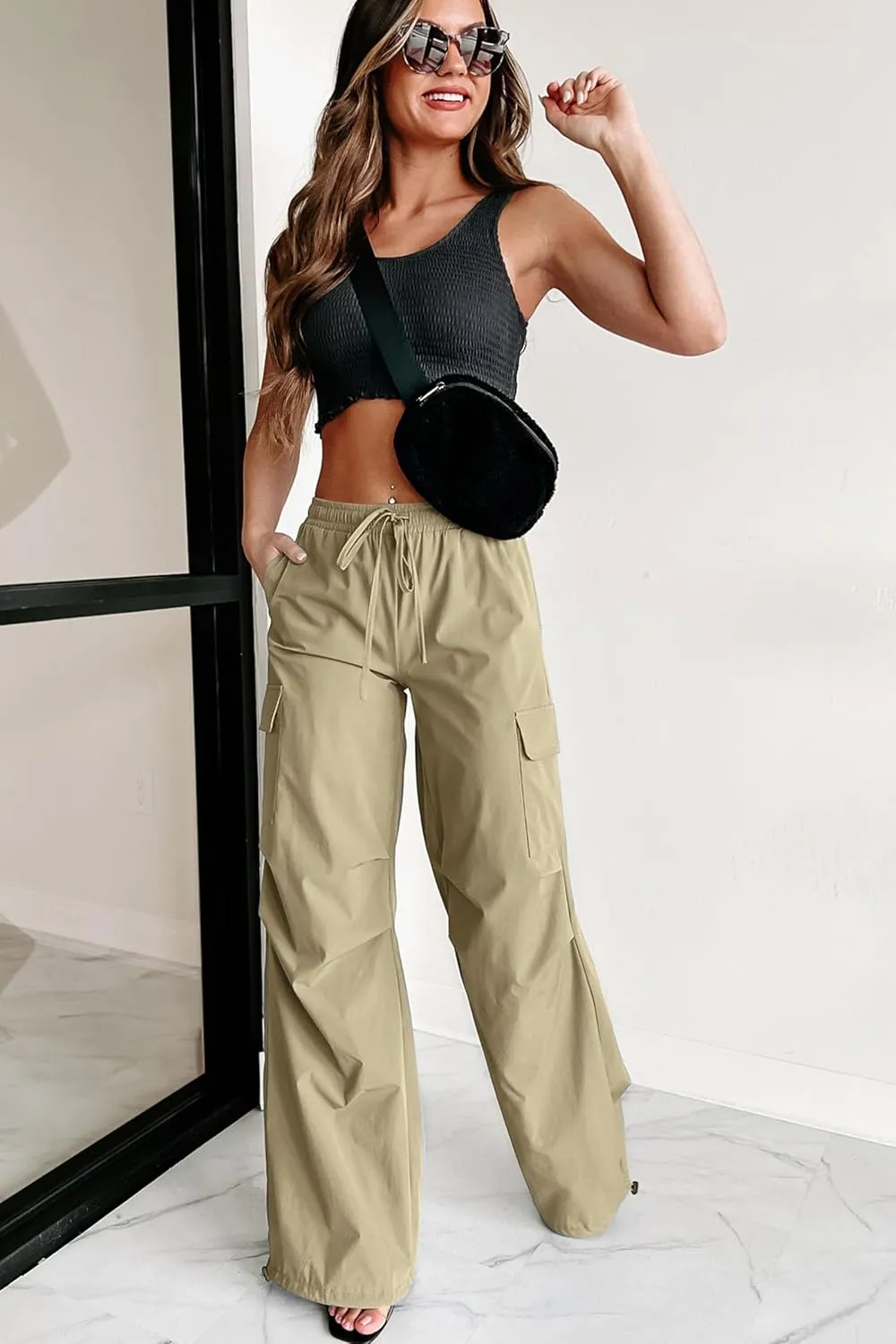 Women's Fashion Parachute Pants Y2K Baggy High Waisted Wide Leg Drawstring Cargo Pants with Pockets 2024
