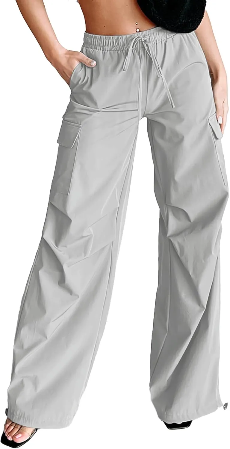 Women's Fashion Parachute Pants Y2K Baggy High Waisted Wide Leg Drawstring Cargo Pants with Pockets 2024