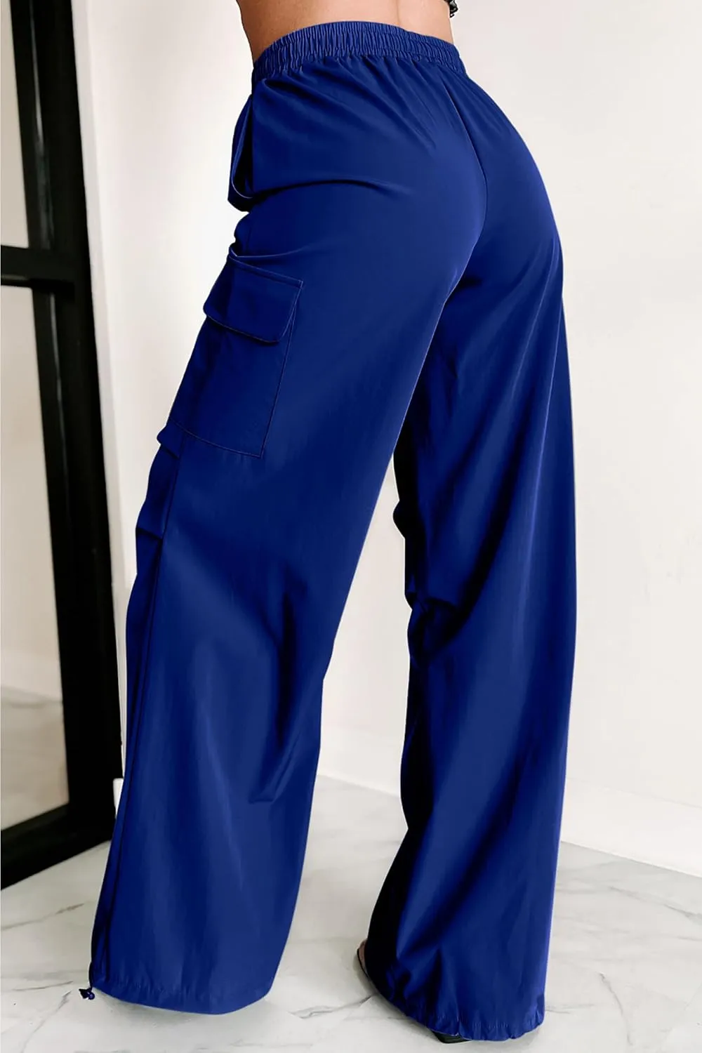 Women's Fashion Parachute Pants Y2K Baggy High Waisted Wide Leg Drawstring Cargo Pants with Pockets 2024