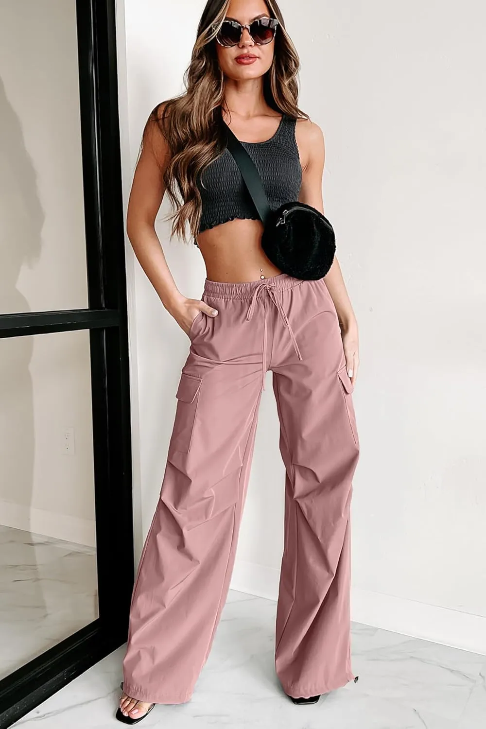 Women's Fashion Parachute Pants Y2K Baggy High Waisted Wide Leg Drawstring Cargo Pants with Pockets 2024