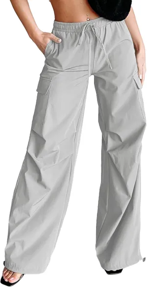 Women's Fashion Parachute Pants Y2K Baggy High Waisted Wide Leg Drawstring Cargo Pants with Pockets 2024