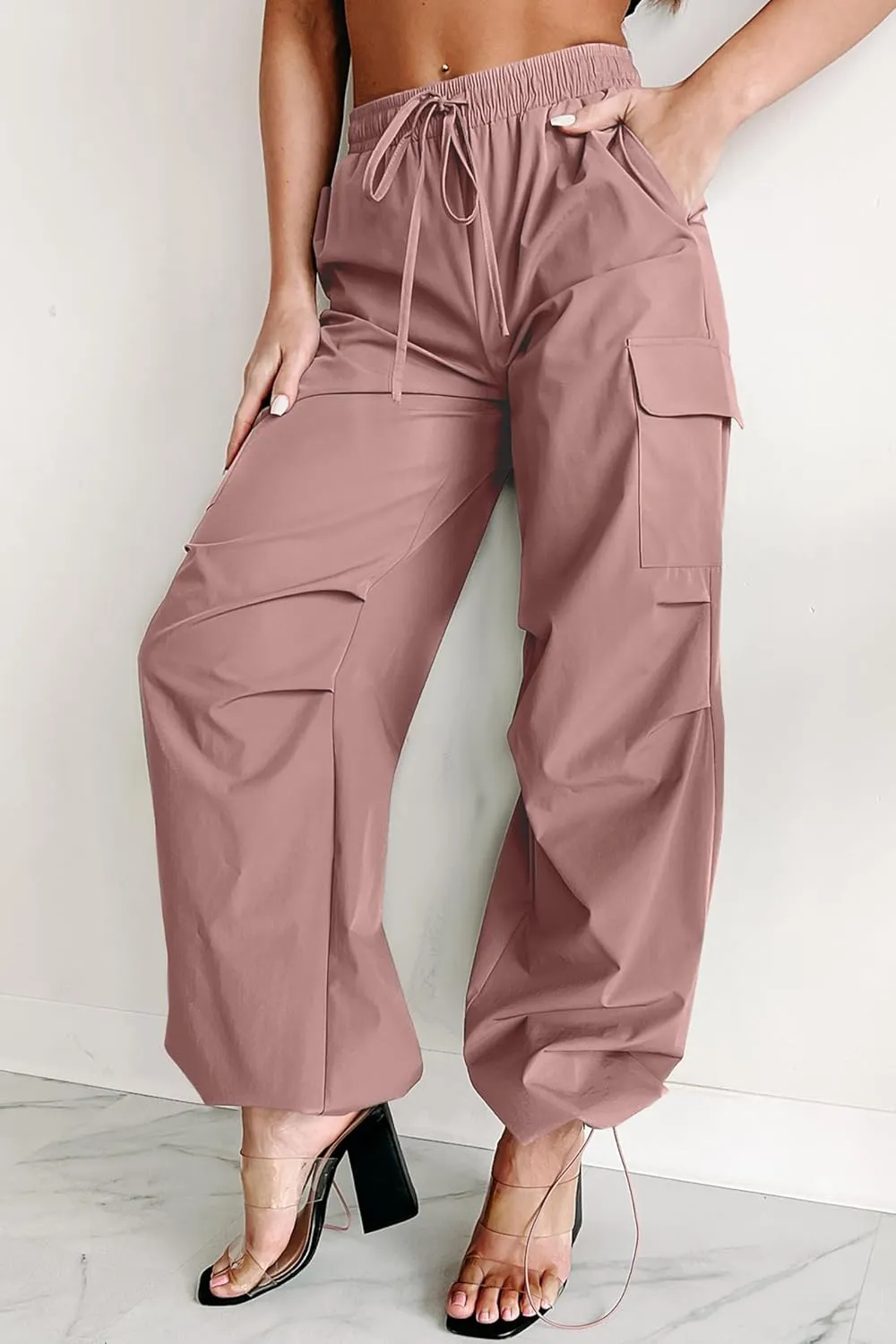Women's Fashion Parachute Pants Y2K Baggy High Waisted Wide Leg Drawstring Cargo Pants with Pockets 2024