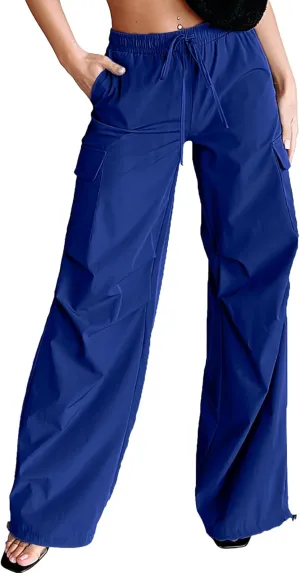 Women's Fashion Parachute Pants Y2K Baggy High Waisted Wide Leg Drawstring Cargo Pants with Pockets 2024