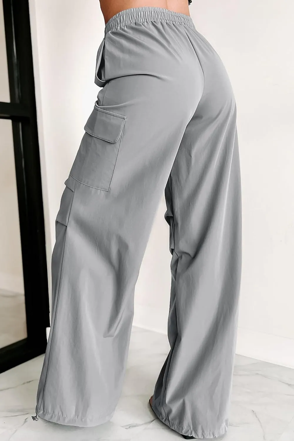 Women's Fashion Parachute Pants Y2K Baggy High Waisted Wide Leg Drawstring Cargo Pants with Pockets 2024