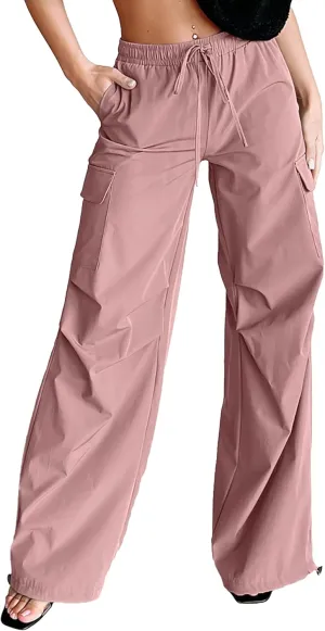 Women's Fashion Parachute Pants Y2K Baggy High Waisted Wide Leg Drawstring Cargo Pants with Pockets 2024