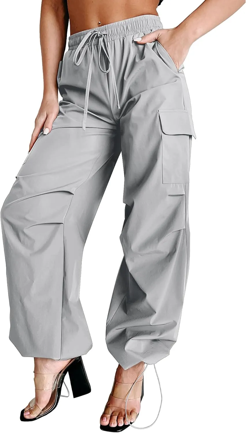 Women's Fashion Parachute Pants Y2K Baggy High Waisted Wide Leg Drawstring Cargo Pants with Pockets 2024
