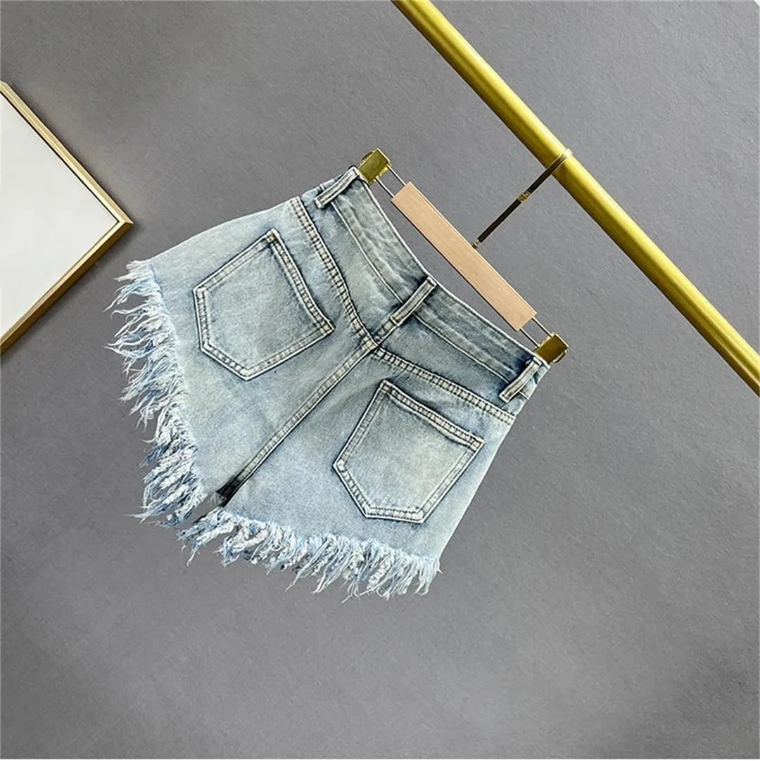 Women's Fashion Summer High Waist Loose Denim Shorts Slimming Raw Hem Wide Legs Short Hot Pants