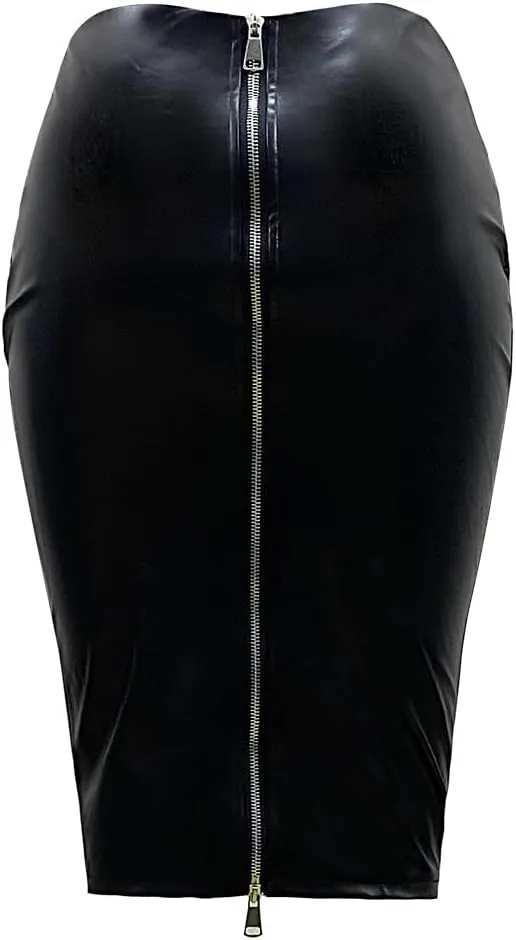 Women's Faux Leather Pencil Skirt, High Waist Midi Length with Double Zipper