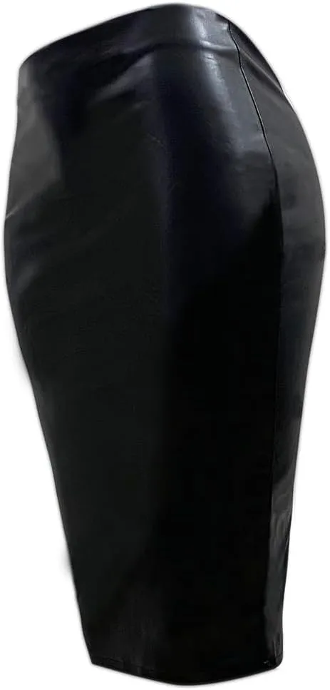 Women's Faux Leather Pencil Skirt, High Waist Midi Length with Double Zipper
