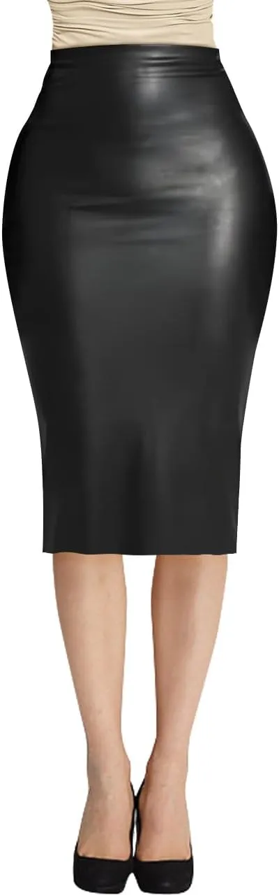 Women's Faux Leather Pencil Skirt, High Waist Midi Length with Double Zipper