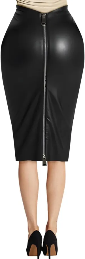 Women's Faux Leather Pencil Skirt, High Waist Midi Length with Double Zipper