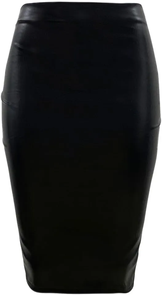 Women's Faux Leather Pencil Skirt, High Waist Midi Length with Double Zipper